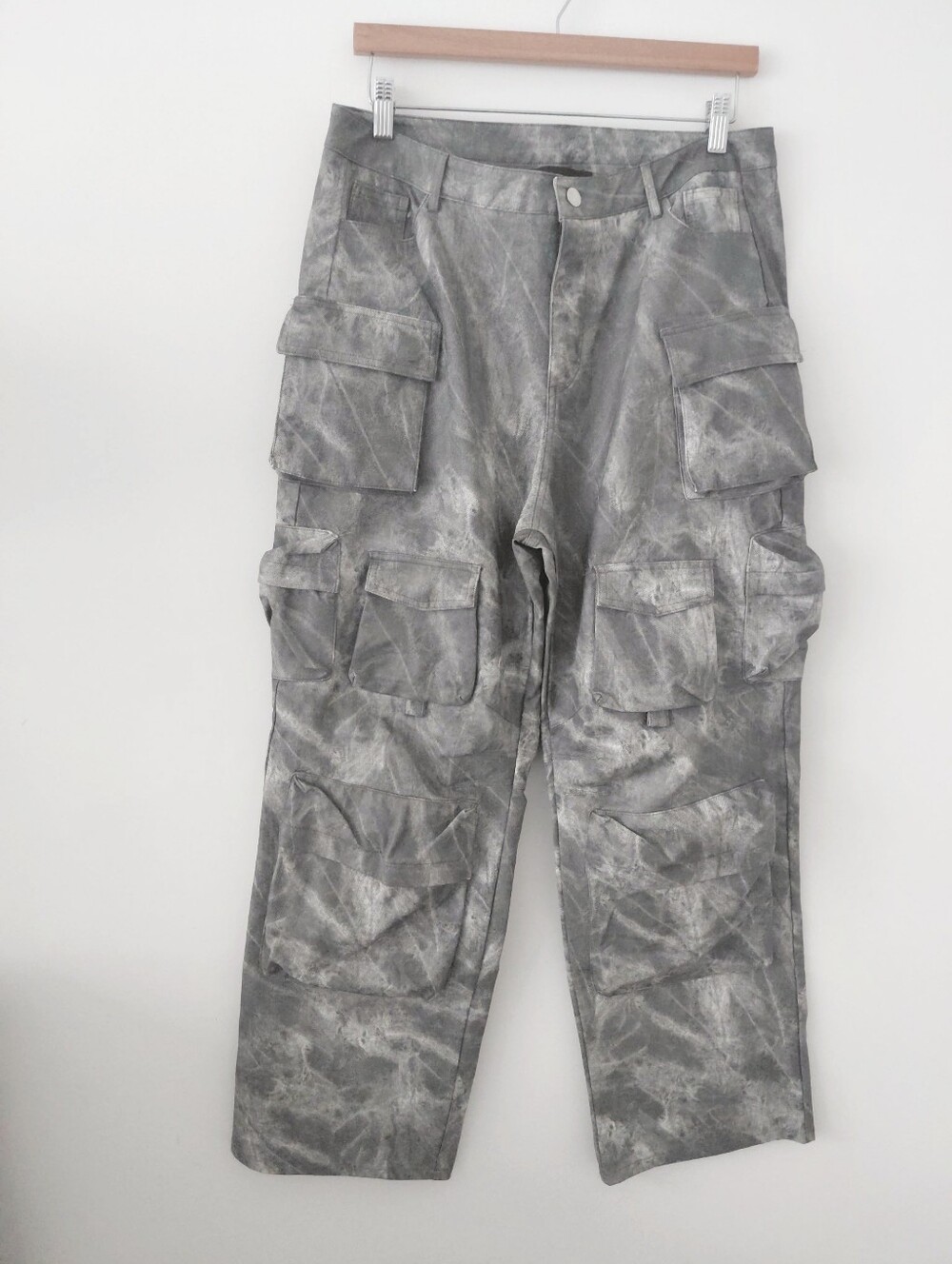 Gray Faux Leather Cargo Pants